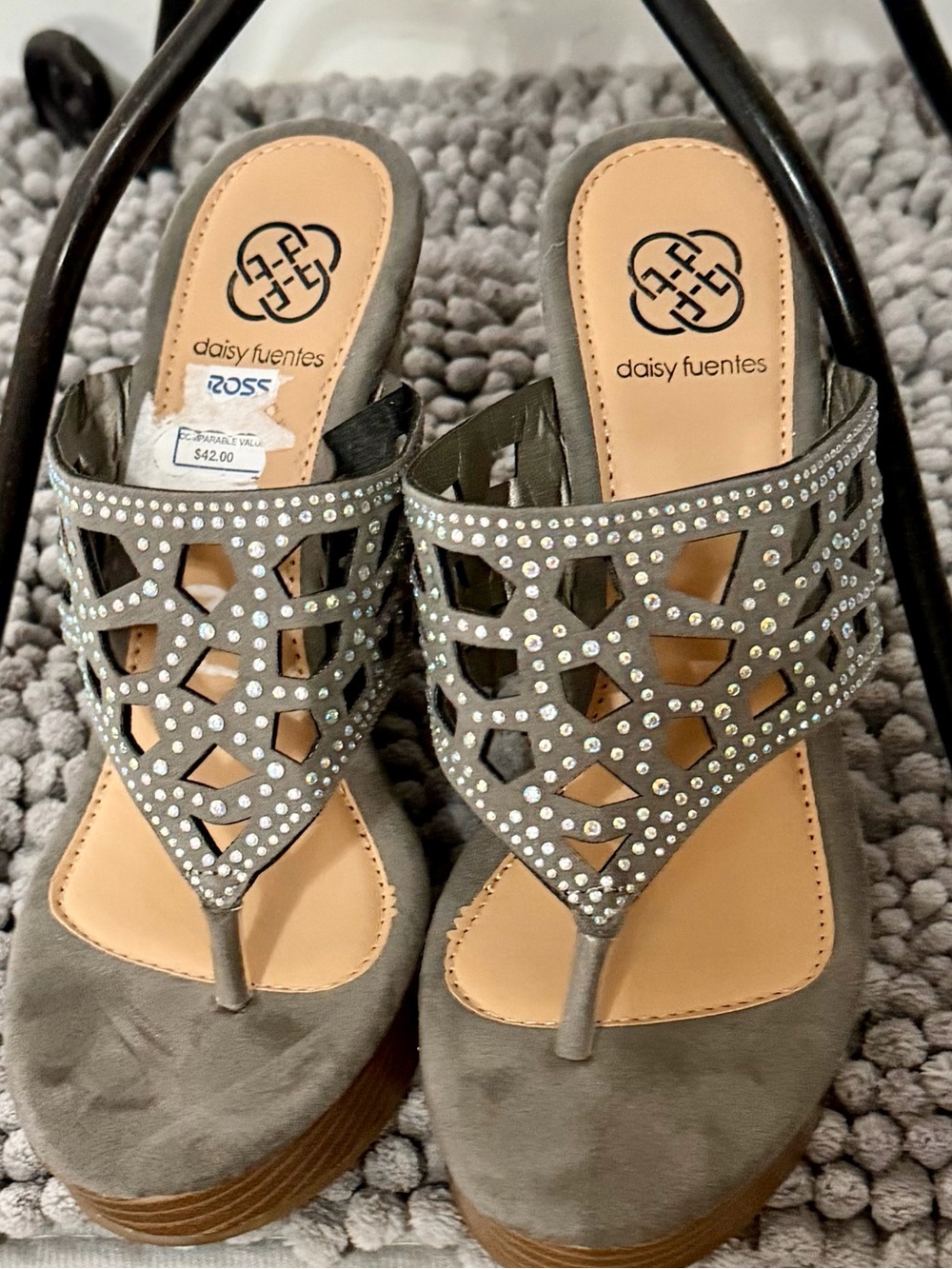 Daisy Fuentes Gray Rhinestone Cutout Wedge Sandals